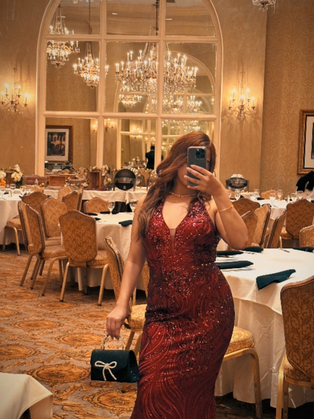 Sequined Burgundy V-Neck Evening Gown